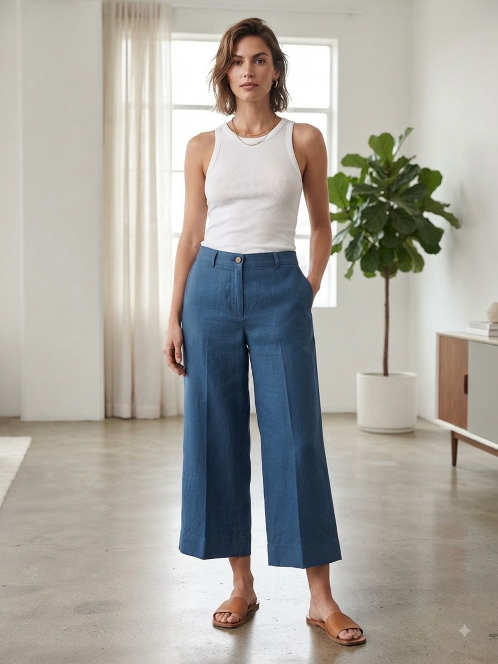 J. Jill Teal Blue 100% Linen Cropped Wide Leg Pants Trouser Casual Minimalist XL